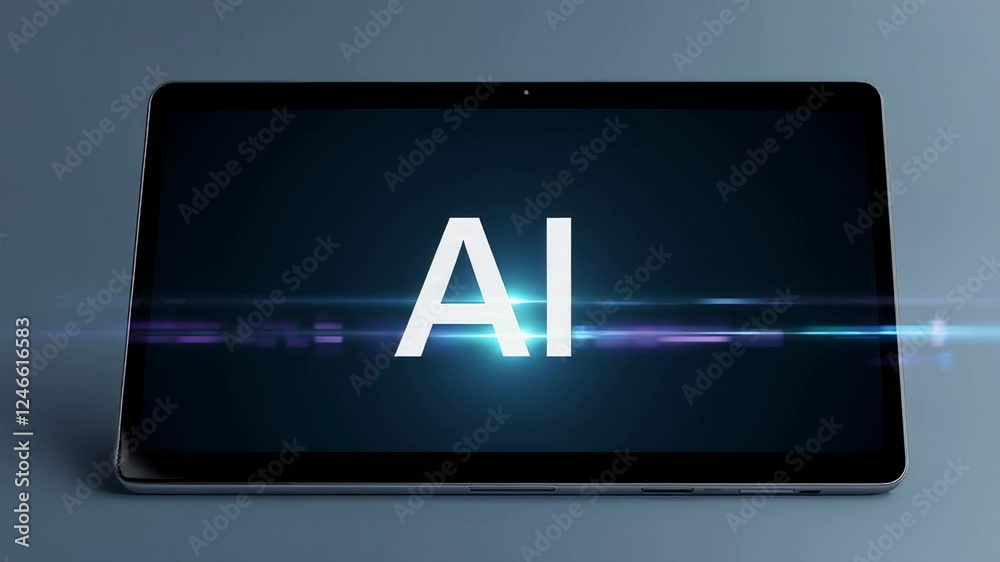 Poster Futuristic digital ai symbol pulsing and glowing on tablet screen, featuring vibrant lens flare effect with blue technological background in slow motion rendering