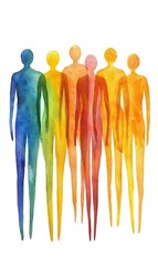 Obraz premium Colorful silhouettes of people standing together, representing unity and diversity on a simple background