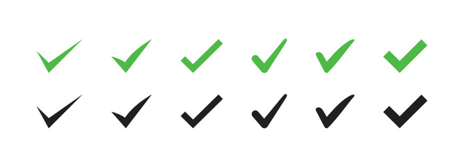 Check or tick icons. Big set of green and black check or tick icons for design. Check symbol isolated