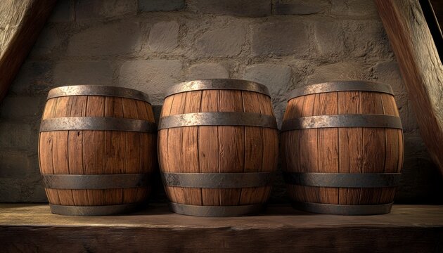 A bootlegger's hidden stash of whiskey and rum stored in barrels, carefully concealed in a barn or secret cellar.