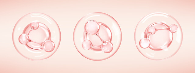 Molecules inside bubbles on pink background. Collagen serum bubble. Cosmetic essence. Hyaluronic acid. Skincare product. Concept skin care cosmetics solution. Vector 3d illustration