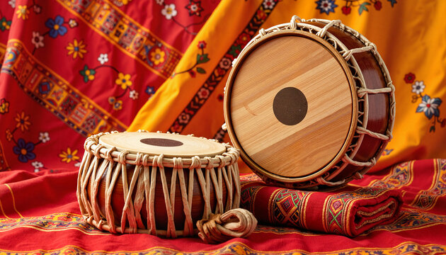 Traditional Indian toombi instruments on vibrant tapestry background, cultural expression
