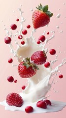 Fresh strawberries splashing in creamy milk, creating a delightful scene