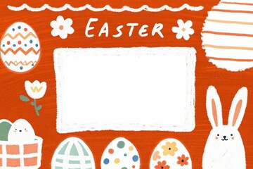 Happy Easter Blank Frame: A delightful Easter themed illustration with a white blank space for your message.  The illustration features a charming white bunny rabbit, colorful eggs.