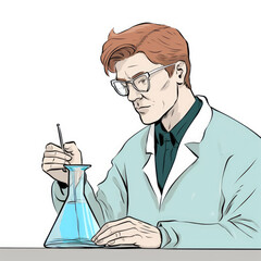 generated illustration of curious scientist analyzing test tube and beaker  in cartoon style