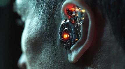 A closeup photo of a hightech earpiece fitted with advanced biosensors capturing intricate details of the devices surface texture and its microphone setup. The image conveys an intimate