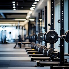 Fototapeta premium Sleek and well-lit modern gym interior with rows of dumbbell racks and weightlifting equipment.