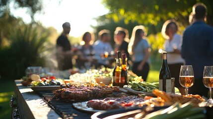 A medium group enjoying a barbecue dinner with chilled drinks and lively conversation.