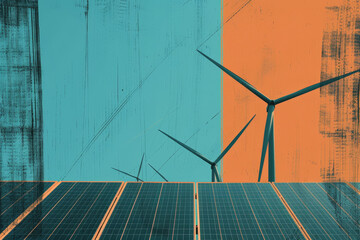 Solar panel installation alongside towering wind turbines. Clean energy, carbon reduction, and the role of ESG in promoting sustainability and efficient electricity generation for a greener future.