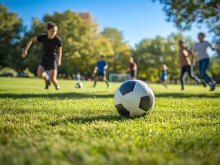 Fototapeta premium Soccer players kicking and running on a grassy field during an outdoor sports competition or training session