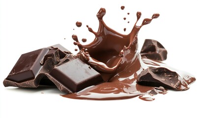 Dark chocolate splashing on white background, ideal for dessert or confectionery visuals