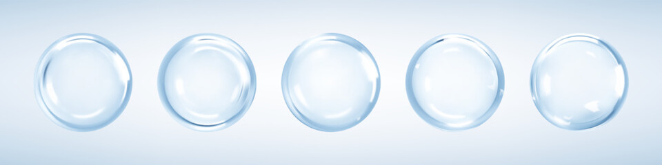 Cosmetic collagen serum or essence drops on blue background. Hyaluronic acid bubbles. Skincare product. Vector illustration