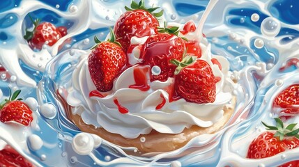 Fresh Strawberries and Cream Dessert Surrounded by Whipped Cream