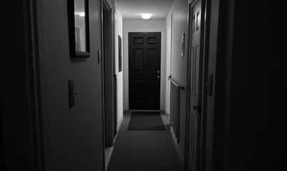 Dark hallway with closed door, dimly lit, quiet home interior, ideal for suspense or mystery themes