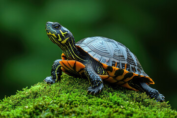 Fototapeta premium a turtle sitting on moss with a vibrant black and orange shell and an expressive look. 