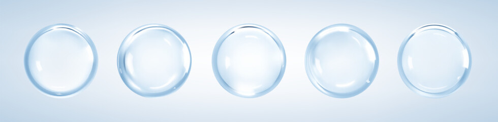 Cosmetic collagen serum or essence drops on blue background. Hyaluronic acid bubbles. Skincare product. Vector illustration