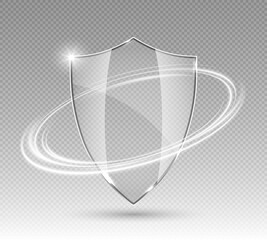 Transparent glass protection shield with white glowing effect. Safeguard sign. Security concept. 3D vector illustration