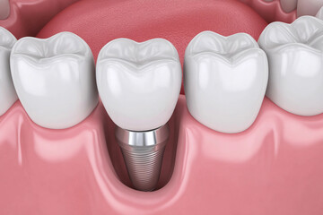 Dental implants displayed in a model of a human jaw demonstrating oral health and restoration procedures
