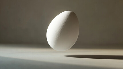 Minimalist single white egg standing upright against a neutral background, symbolic concept representing purity, simplicity, and new beginnings