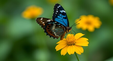 Obraz premium Blue and Brown Butterfly on Yellow Flower