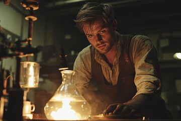 A mid-adult man in a glass factory, carefully molding a vase over an open flame.