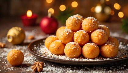 Festive motichoor ladoos decorated on plate with evening lighting, celebration