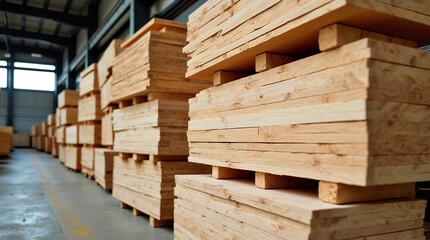 Stacked wooden sheets ready for crafting in a manufacturing facility during daytime