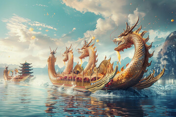 Obraz premium Beautiful holiday composition for happy celebrate chinese dragon boat festival, abstract vivid composition consists of fictional unreal fantastic vision on background
