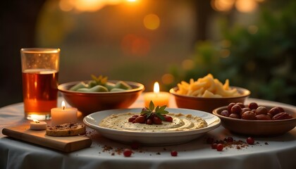A warm and inviting iftar table with traditional Middle Eastern dishes, dates, and tea, surrounded by soft candlelight