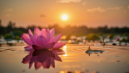 Serene lotus flower floating on tranquil pond at sunset, peaceful reflection