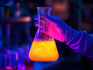Vibrant fluorescent colors illuminating a glass beaker or flask filled with a glowing chemical solution or liquid being analyzed in a professional scientific laboratory or research setting.