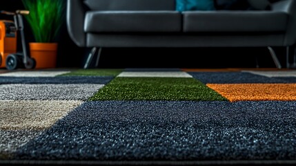 Cozy living room with a colorful rug, modern couch, and potted plant in the background