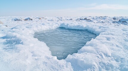 Obraz premium Winter ice hole, frozen lake, clear water, snow landscape, nature photography