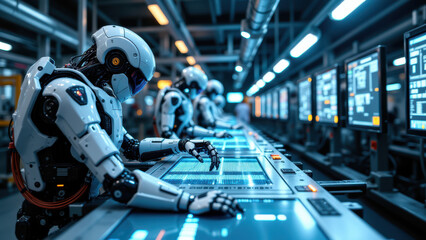 Fototapeta premium Robotic workers operating industrial equipment with blue lights, in a futuristic factory setting.