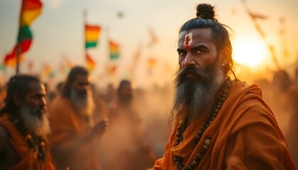 Naklejka premium holy man with serene expression at a religious event in a golden sunrise- hindu kumbh mela