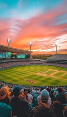 Sports Fans Enjoying A Cricket Match During A Beautiful Summer Sunset At A Stadium In Australia.