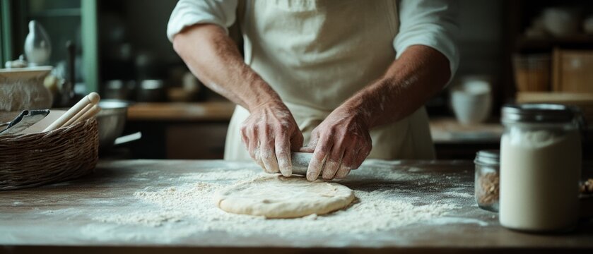 A baker rolls dough on a flour-dusted surface in a cozy kitchen, embodying the art and warmth of homemade baking.