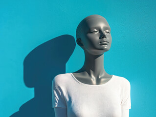 mannequin with serene expression stands against vibrant blue background, casting shadow. minimalist pose and smooth surface create sense of calm and simplicity