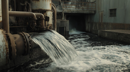 Industrial Water Discharge from Rusty Pipes into Canal