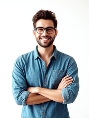 Hombre de brazos cruzados sobre fondo blanco. Retrato de un hombre guapo, feliz y a la moda, con camisa vaquera y gafas, cruzando las manos y sonriendo.