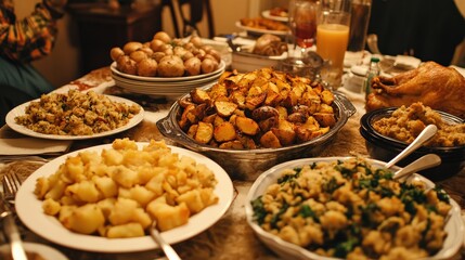 A multiracial family enjoying Thanksgiving dinner, with dishes like roasted potatoes, stuffing, and gravy spread across the table.