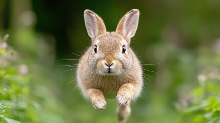 Fototapeta premium Leaping rabbit in meadow, nature background, Easter
