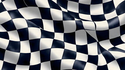 Black and white checkered flag fabric waving in soft light with visible folds and texture