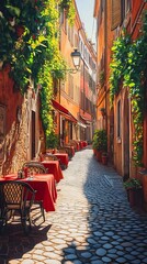 A romantic dinner in Rome, cobblestone streets with red tablecloths and green chairs under an umbrella at sunset
