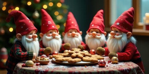 Naklejka premium Gnomes gather around a table filled with gingerbread cookies and treats, feast, gnomes