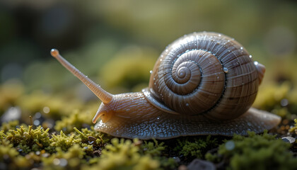 Closeup of a Brown Snail on Mossy Ground in Sunlight