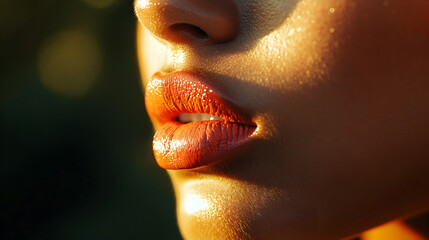 portrait focusing on coral-painted lips, slightly illuminated by golden sunlight 