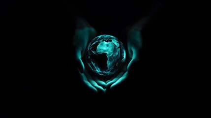 Ethereal Digital Earth Globe Held in Protective Hands with Turquoise Illumination Against Dark Background Representing Global Technology Protection