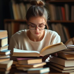 Girl reads econ textbook for finals.