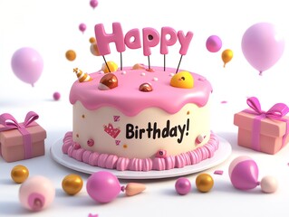 birthday cake with candles and balloons